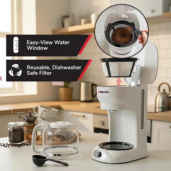 MUELLER HOME 12-Cup White Coffee Maker - Borosilicate Carafe, Auto-Off, Reusable Filter, Anti-Drip, Keep-Warm Function, Clear Water Level Window, White Kitchen Accessories