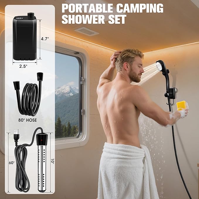 Portable Shower with Heater,6000Mah Battery Powered Portable Shower for Camping with 2000W Auto-Off Heater,Portable Heated Shower for Camping,Digital Power&Temperature Display for Hiking