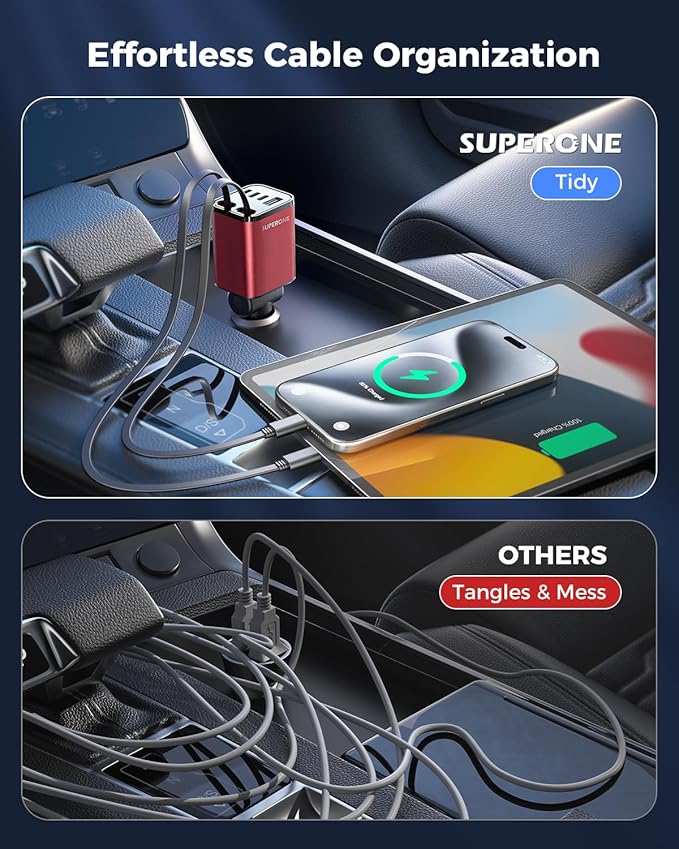 [Upgraded] 4 in 1 Retractable Car Charger, SUPERONE Smaller Fast Car Phone Charger 69W with Cord, USB C and iPhone Car Charger Adapter, Compatible iPhone 17/17 Pro Max/16/15/14/13/12/11, Sumsung