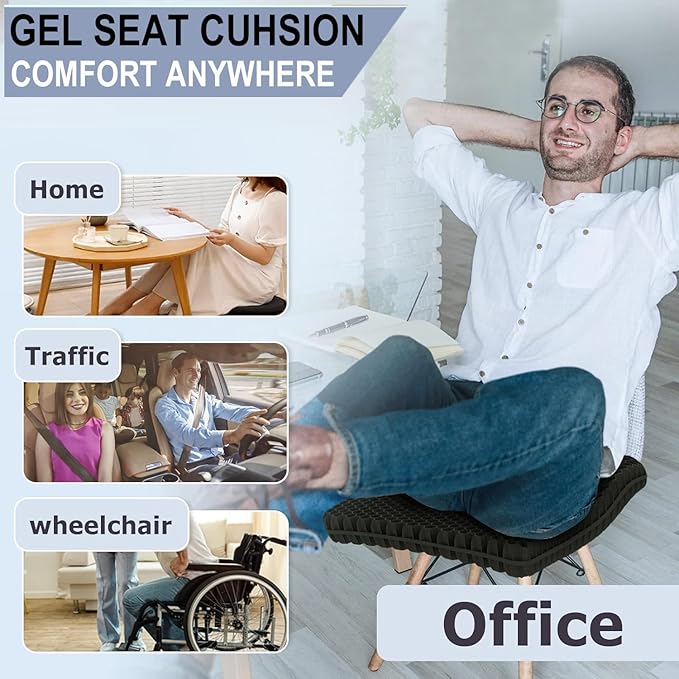 Gel Seat Cushion for Long Sitting Pressure Relief (Super Large & Thick) - Non-Slip Gel Chair Cushions for Back,Sciatica,Tailbone Pain Relief - Seat Cushion for Office Desk Chair,Car Seat,Wheelchair