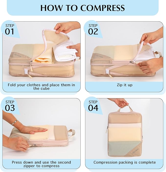 PFEYRPK Lightweight Compression Packing Cubes for Suitcases, Compressible Expandable Travel Packing Organizer with Clear Toiletries and Backpack Bag, Travel Essentials for Carry on Luggage 7 Set