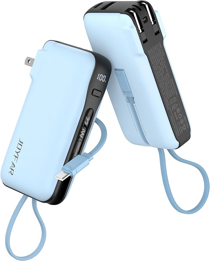 JOYFAR Portable Charger with Built-in USB-C Cable & Plug, 10,000mAh 5V/4.5A Power Bank Fast Charging 22.5W, Travel Essential Battery Pack 3 Output for iPhone 16/15 Series, Samsung Galaxy, iPad, 1 Pack