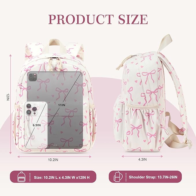 LOIDOU Backpack for Girls School Backpacks Bookbags for Elementary Middle School Women Laptop Backpacks (Mini Bow tie Beige, S-12)