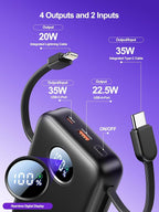 Aioneus Portable Charger, 35W PD Fast Charging Power Bank 20000mAh, Battery Pack with Built in Lightning & USB-C Cables, Powerbank for iPhone 17 16 15 14 iPad Samsung Android Tablet MacBook