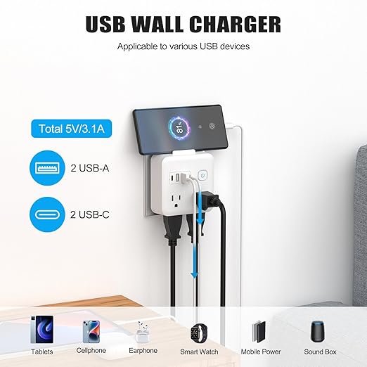 Multi Plug Outlet Extender with 2 USB-A + 2 USB-C & Phone Holder, HITRENDS 1875W/16A 4-Outlet Extender, Non Surge Protector Travel Cruise Ship Essentials, Electrical Wall Splitter for Home Office
