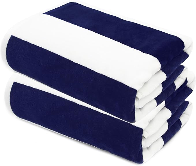 COTTON CRAFT Oversized Beach Towels - Set of 2 - XXL 35x84 The Big Kahuna 7 Foot Extra Large Beach Blanket Towel - Big & Tall - Huge 100% Cotton Velour Soft Luxury Pool Bath Towel - Cabana Stripe Navy