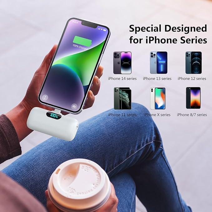 Small Portable Charger for iPhone,Upgraded 5000mAh PD Fast Charging Power Bank,Mini Plug-in Battery Pack Backup Charger Compatible with iPhone 14/14 Pro Max/13/13 Pro/12 Pro/11/XS/XR/X/8/7/6 etc-White