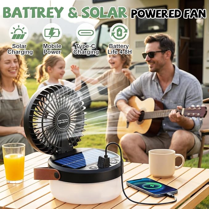 3-in-1 Camping Fan, Portable Solar Fan Rechargeable with LED Lantern, Battery Powered & Solar Camping Fan Light with Hanging Hook for Tent, 3 Speeds USB Fans for Camping Essentials, RV Travel, Outdoor