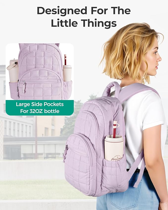 BAGSMART College Laptop Backpack, Travel Backpack for Women, Quilted Casual Daypack, Water-Resistant Bookbag for 15.6 Inch Laptop, Lavender
