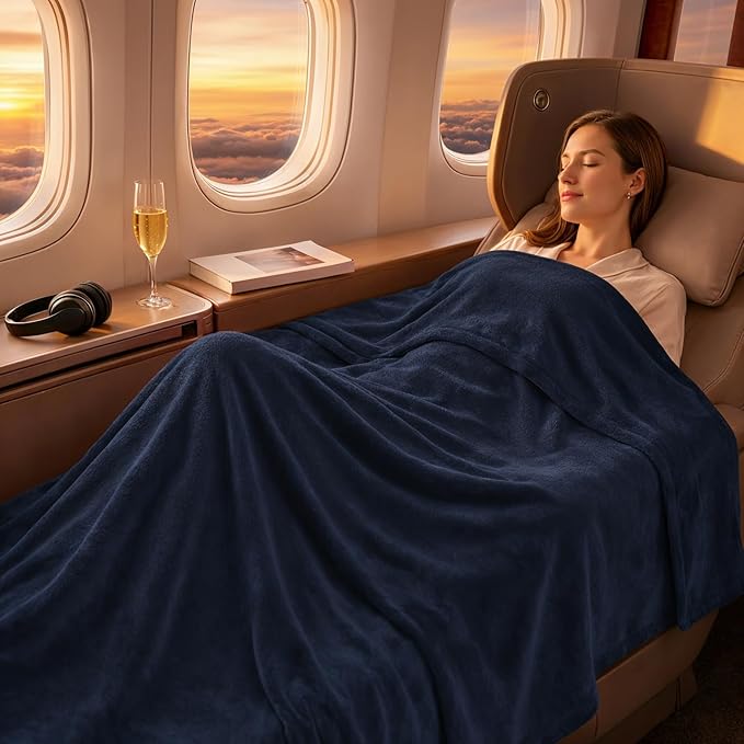 Travel Blanket and Pillow Compact – 4-in-1 Soft Fleece Airplane Blanket with Bag Pillowcase, Neck Pillow, Eye Mask & Earplugs, Lightweight Portable Flight Blanket 60"x43" (Navy)