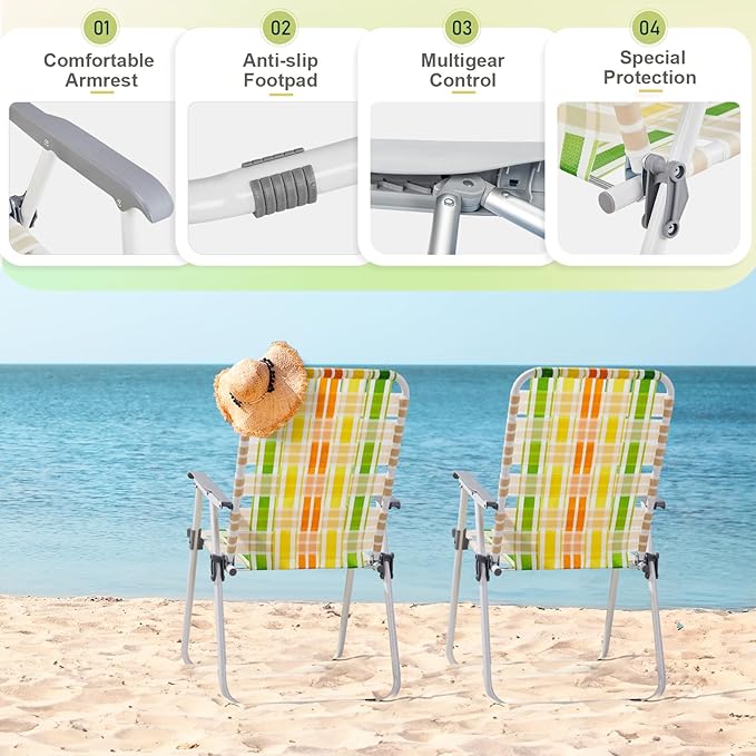 Folding Patio Lawn Webbed Chair Set of 2, Portable Outdoor Beach Chair for Adults, Camping Chair Steel Frame 300lbs Capacity for Yard, Garden Dining, Party, Picnic, 16.7" Seat Width