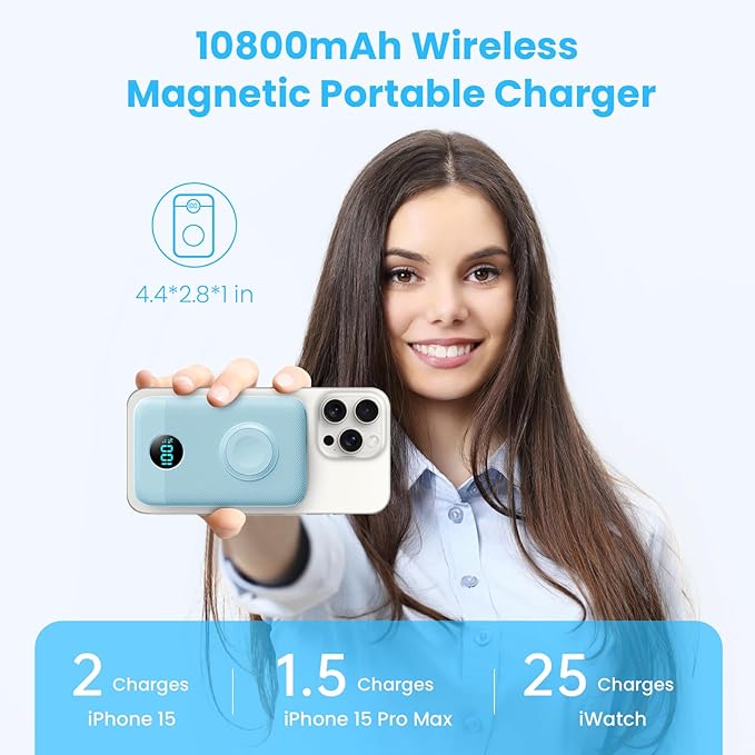 GKUTW Magnetic Portable Charger for iPhone and Apple Watch, 10800mAh 25W PD Fast Charging Power Bank, Dual-Side Magnet Design Travel Essentials Battery Pack for iPhone 17/16/15/14/13/12 (Sky Blue)