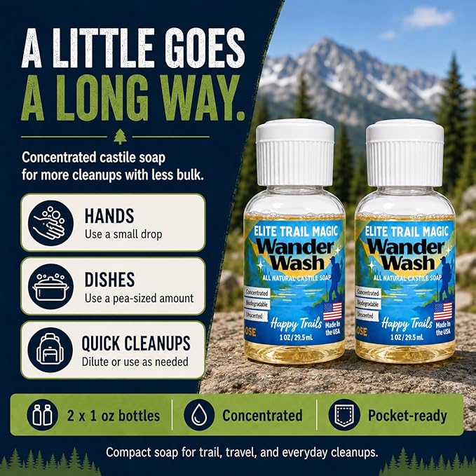 Elite Trail Magic- 2 pack- Made In USA- Wander Wash Biodegradable Castile Soap – Ultralight (2) 1 oz Concentrated Liquid Soap for Camping -Travel & Backpacking – All Purpose, Unscented (2)