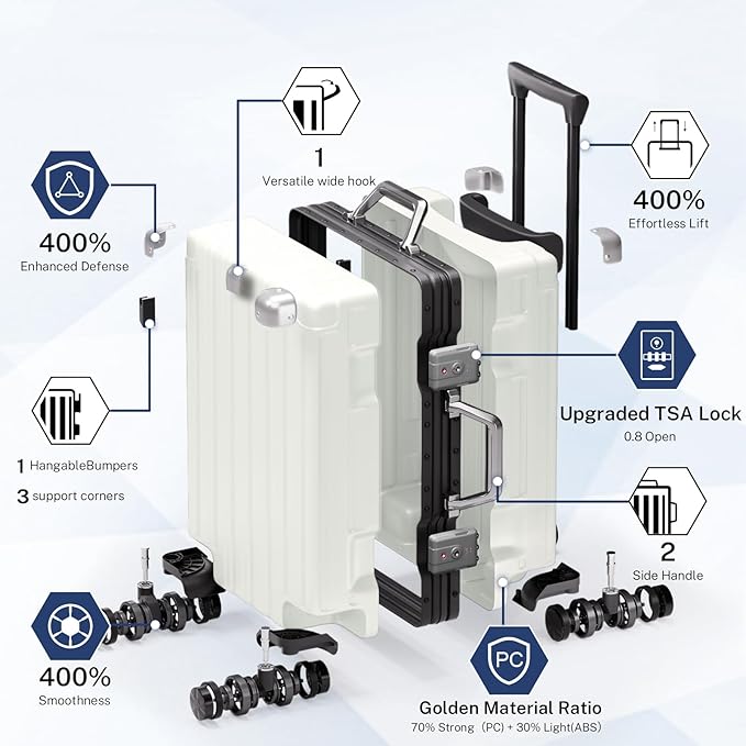 Krute Zipperless Luggage 24 Inch Aluminum Frame Suitcase with Spinner Wheels PC+ABS Hardide Checked Luggage TSA Approved No Zipper Travel Suitcase White