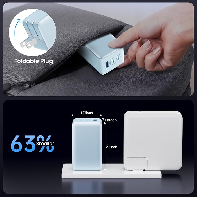 128W USB C Wall Charger,GaN III 3-Port Fast Charging Station,PD QC Foldable Charger Block Portable 65W Laptop Adapter for MacBook Pro/Air,iPad Pro,Galaxy S23,Dell XPS 13,iPhone 17/16/Pro etc