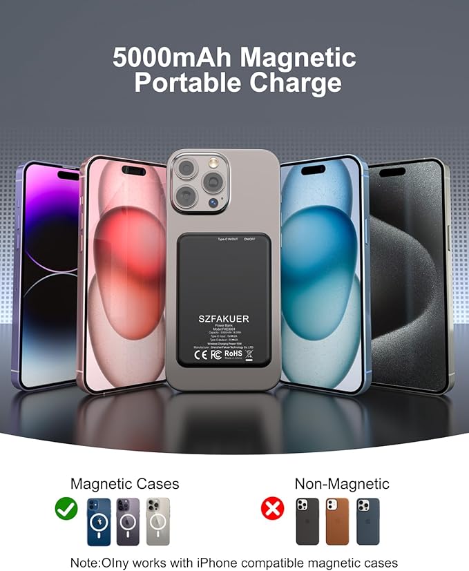5000mAh Magnetic Portable Charger, Ultra Slim Magnetic Power Bank with USB-C Cable Compatible with iPhone 17/16/15/14/13/12 Series