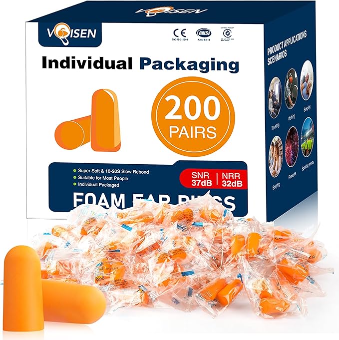 VOISEN Foam Ear Plugs,200 Pairs EarPlugs for Sleeping,32dB NRR 37dB SNR Ear Plug Noise Cancelling for Snoring, Studying,Traveling & Concerts, Individual Package