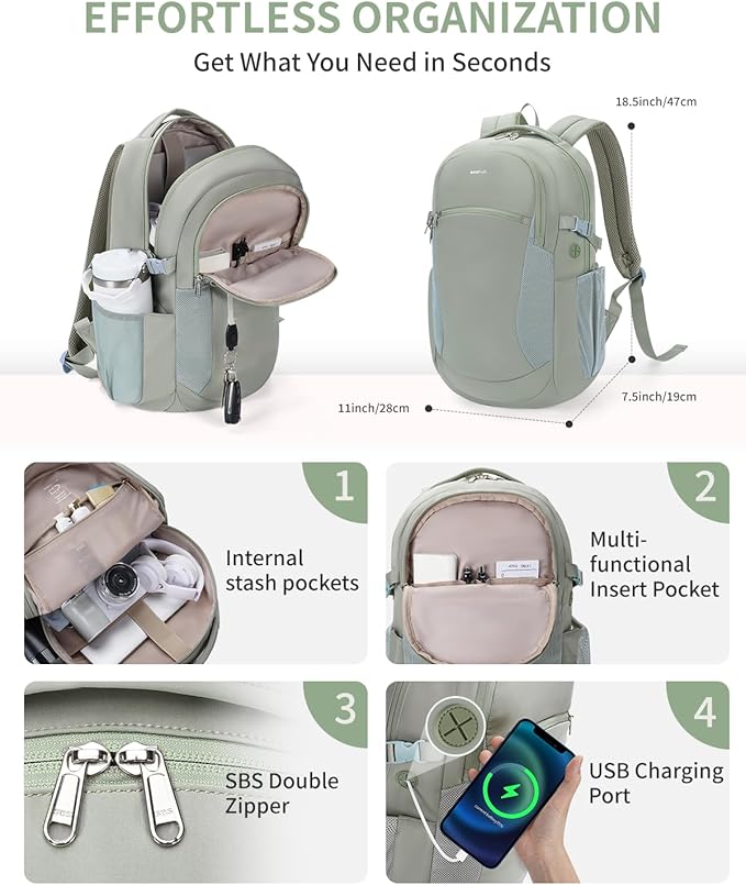 ECOHUB 17" Laptop Backpacks with Laptop Compartment Work Backpack Women Lightweight & Water Resistant Travel Backpack,Green