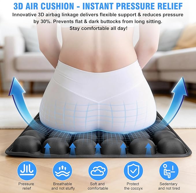Upgrade Travel Cushion Airplane Seat with No External Pump, 3D Inflatable Seat Cushion, Adjustable Air Cushion with Non-Skid, Coccyx Tailbone Pain Relief Chair Pad for Office, Car, Wheelchair