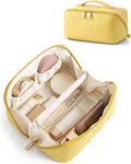 BAGSMART Makeup Bag Travel Cosmetic Bag, Large Make Up Bag Flat Open Toiletry Bag for Women, PU Leather Travel Essentials Organizer Case, Wide-open Pouch Purse for Skincare, Brushes, Yellow