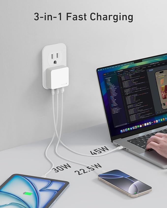 Nekmit 100W Flat USB C Charger Block, 3-Port GaN Fast Wall Charger(2*USB-C & 1*USB-A), USB C Wall Plug with Fixed Prongs for iPhone 17/16, MacBook Pro/Air, iPad, Galaxy and More