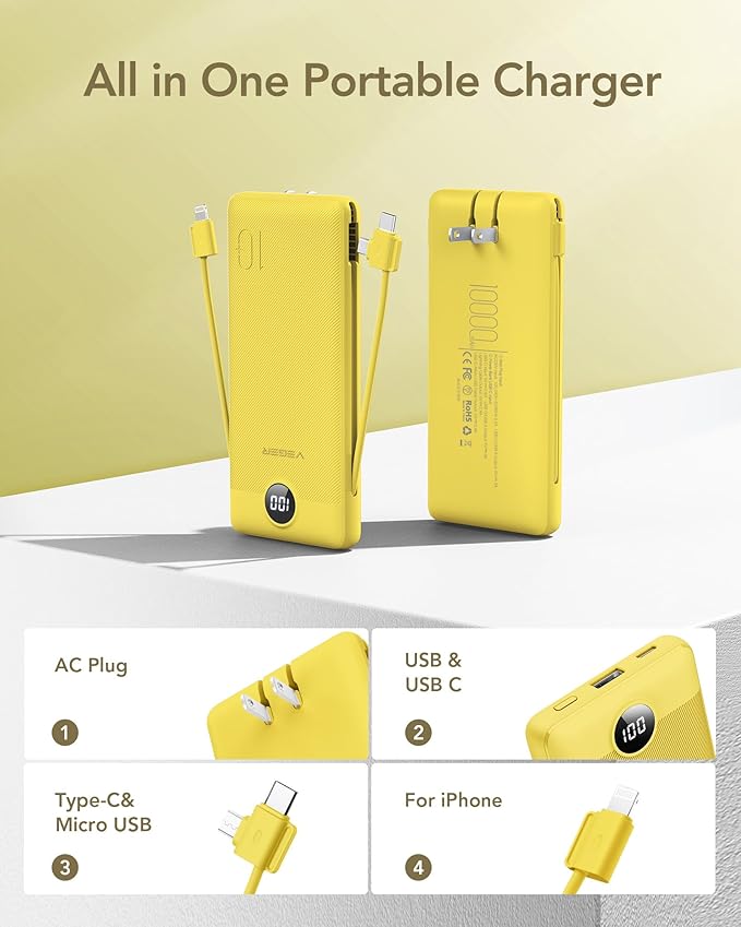 VEGER Portable Charger with Built-in AC Plug and Cables, All in One 10000mAh Ultra Slim Power Bank Travel Essentials, Fast Charging Battery Pack Compatible with iPhone, Samsung, Android (Yellow)