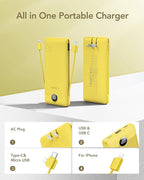 VEGER Portable Charger with Built-in AC Plug and Cables, All in One 10000mAh Ultra Slim Power Bank Travel Essentials, Fast Charging Battery Pack Compatible with iPhone, Samsung, Android (Yellow)