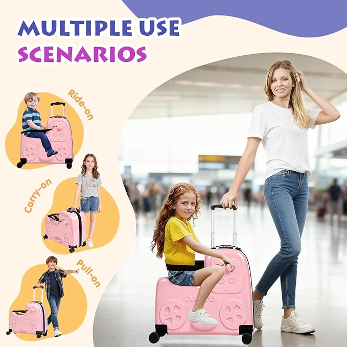 smilesun 22" Kids Ride-On Suitcase with Safety Strap, Multifunctional Kids' Luggage with Double Spinner Wheels, Durable and Lightweight for Boys and Girls Ages 2-10（Pink）