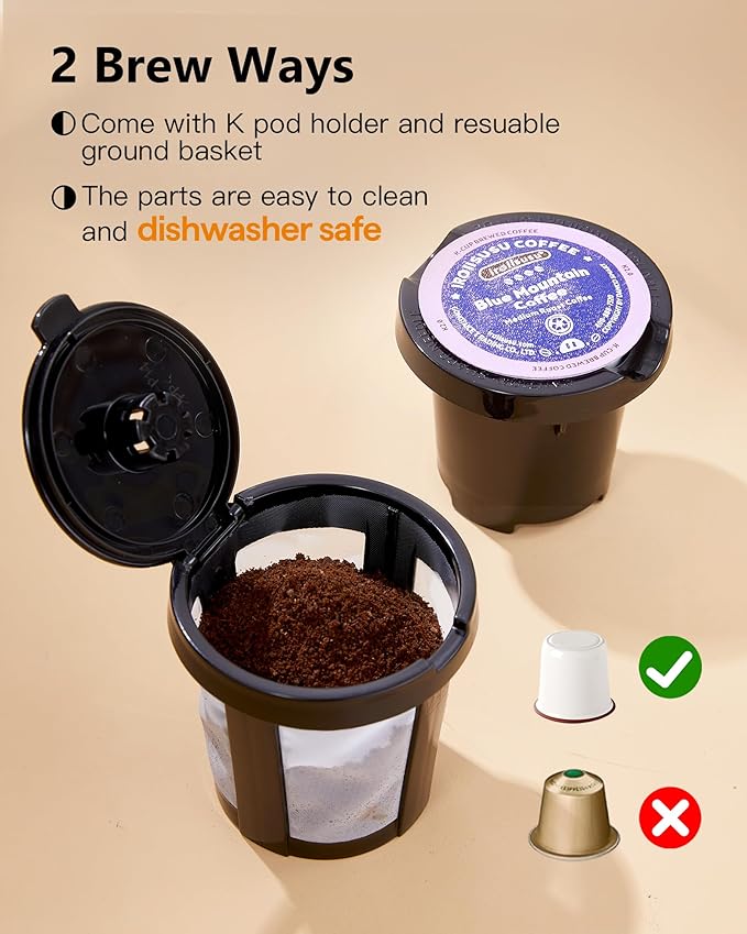Tastyle Single Serve One Cup Coffee Maker, for K Cups and Grounds, Mini Coffee Maker with Portable Handle, 6 to 12 Oz Brew Size, for Travel, Camping, Office, RV and Dorm, 120V, White and Brown