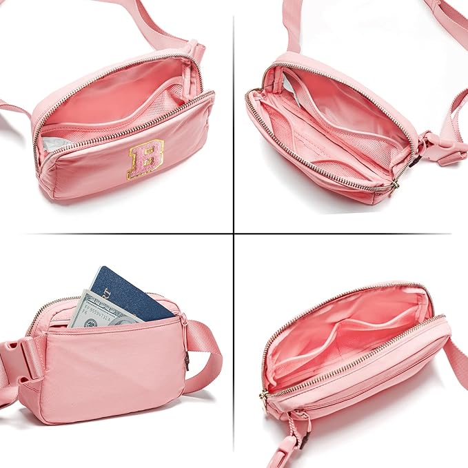Gitus Belt Bag Fanny Pack Crossbody Bags with Initial Letter Patch Cute Stuff Birthday Gifts for Teenager Girls Trendy Preppy Stuff for Teen Girls Cool Stuff for Teens (Light Pink-B)