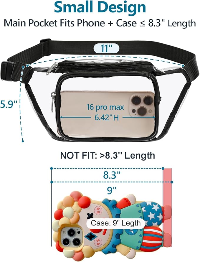 Veckle Clear Fanny Pack Stadium Approved - Adjustable 33-47 Inch Strap, Transparent Belt Bag for Women Men Fits 7.5-inch Smartphone, Waist Bag Clear Bag for Stadium Events, Sport, Concerts, Black