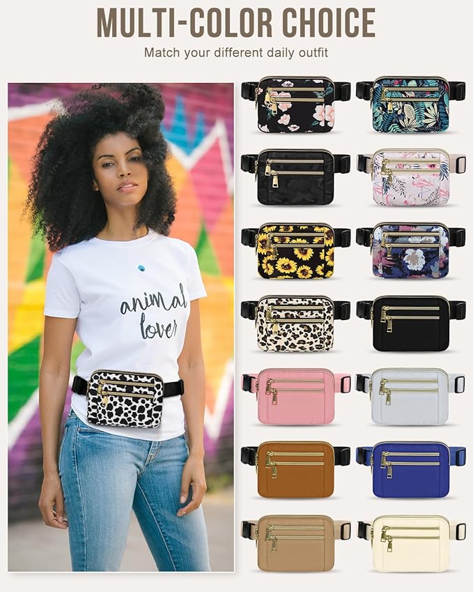 Capolo Fanny Packs for Women Fashion Waist Packs Bag with Adjustable Strap and 4 Zipper Pockets Waterproof Everywhere Crossbody Belt Bag for Workout Running Travelling(Cow Print)