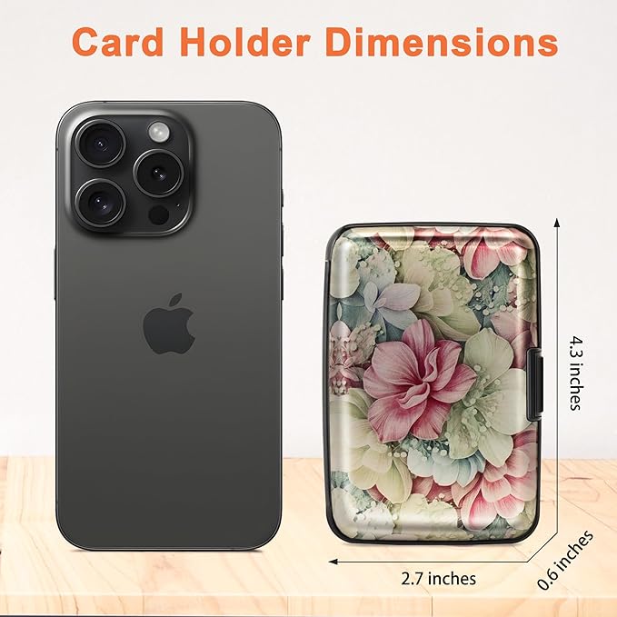 Mayski Credit Card Holder for Women, RFID Blocking, Aluminum Alloy Hard Case, Small Mini Metal Wallet for Women Men, Happy Flower