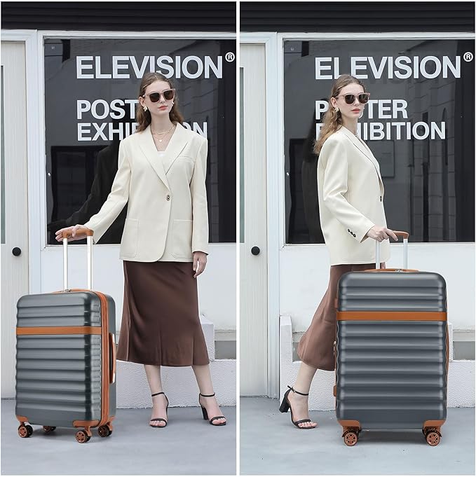 Kono Medium Sized Checked Luggage, 24 Inch Expandable with Spinner Wheels, TSA Lock, ABS + PC Lightweight Travel Suitcase with Larger Capacity and Lighter Weight, Grey Brown