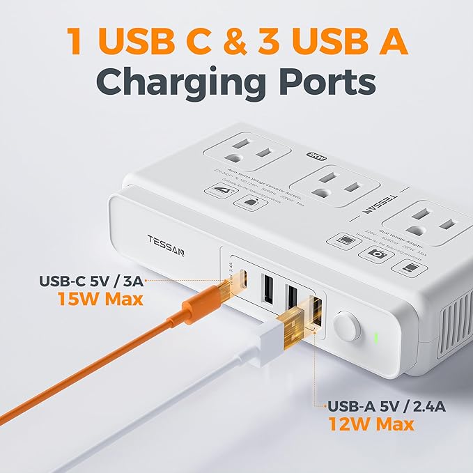 TESSAN Voltage Converter US to Europe, 220 to 110 Voltage Converter, Universal Travel Adapter with 4 USB Ports (1 USB C), 3 AC and EU UK AU IT in ZA Plug Power Adapter, Step Down Transformer, 6 FT