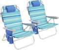 SUNNYFEEL Low Beach Chair 2 Pack, 5-Position Lay Flat Reclining, Backpack Portable Folding Chairs with Cooler Bag & Cup Holder, Heavy Duty 350 LBS, Compact for Beach, Camping, Travel