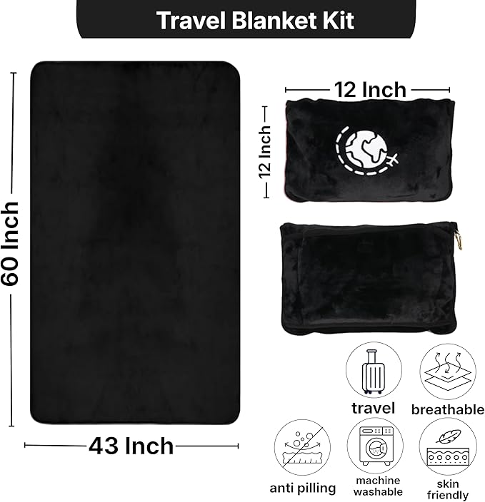 Travel Blanket and Pillow Compact – 4-in-1 Soft Fleece Airplane Blanket with Bag Pillowcase, Neck Pillow, Eye Mask & Earplugs, Lightweight Portable Flight Blanket 60"x43" (Black)