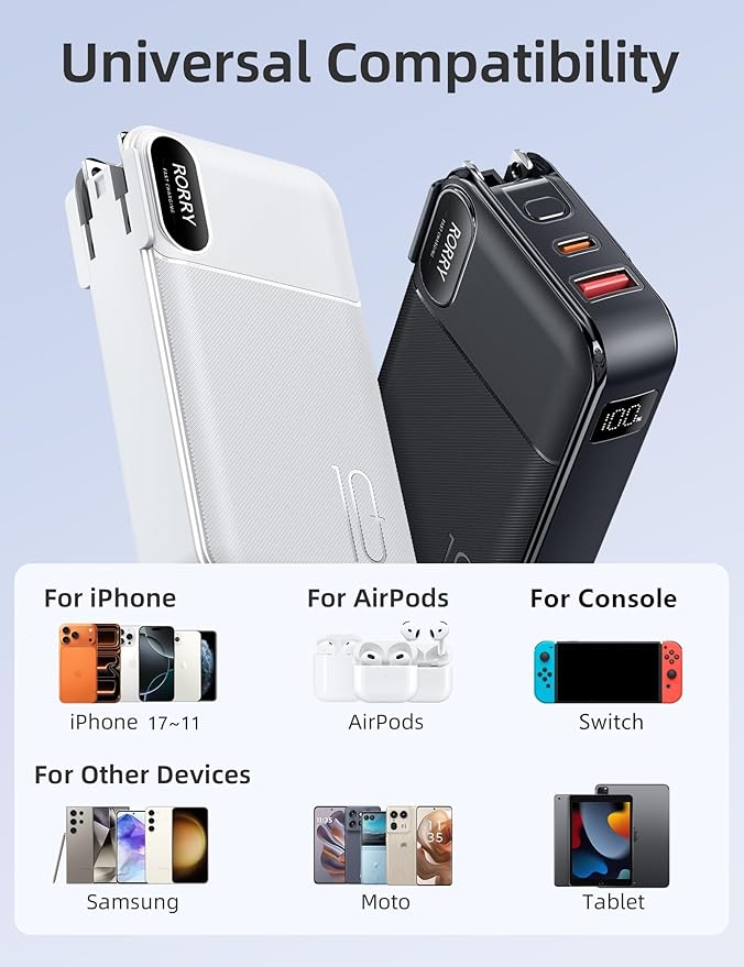 RORRY Portable Charger Built in Cables, AC Wall Plug In Portable Charger Power Bank 10000mAh Travel Battery Pack 22.5W Fast Charging for iPhone 17/16/15 Samsung Galaxy S25/S24/S23 Pixel LG iPad, Black
