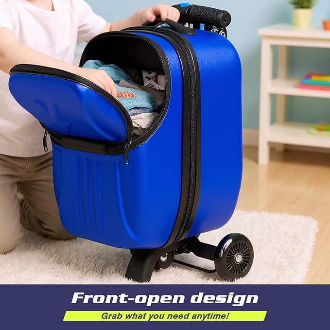 smilesun Top Opening Scooter Luggage for Kids & Adults，Foldable Scooter Suitcase with Front Opening，Lightweight Carry On Riding Suitcase For Children Teenagers Adults（21" Blue）