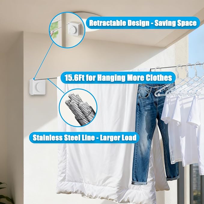 Retractable Clothesline Indoor & Outdoor, 16.2 Feet Stainless Steel Washing Line, Non-Sagging Wall Mounted Heavy Duty Laundry Line, Easy Installation Space-Saving Clothing Dry Rack (White)