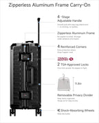 LUGGEX Carry On Luggage with Spinner Wheels, 8010S Aluminum Frame Zipperless Polycarbonate Hard Shell Suitcase with Packing Cubes and Shoe Bag (ZX-Core, Black, 21 Inch)