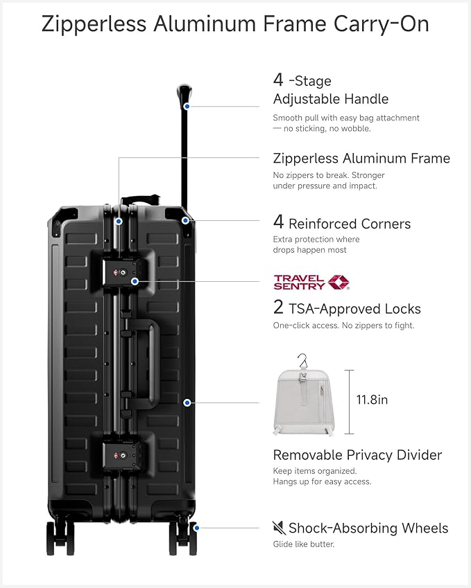 LUGGEX Carry On Luggage with Spinner Wheels, 8010S Aluminum Frame Zipperless Polycarbonate Hard Shell Suitcase (ZX-Core, Black, 21 Inch)