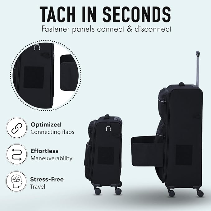 TACH LITE Samba Soft Connectable 2 Piece Luggage Sets - 20 & 28 inch Luggage | Small Carry On & Large Checked Suitcases | Patented Built-In Connecting System | Rolling Suitcase Links 6 Bags (Black)