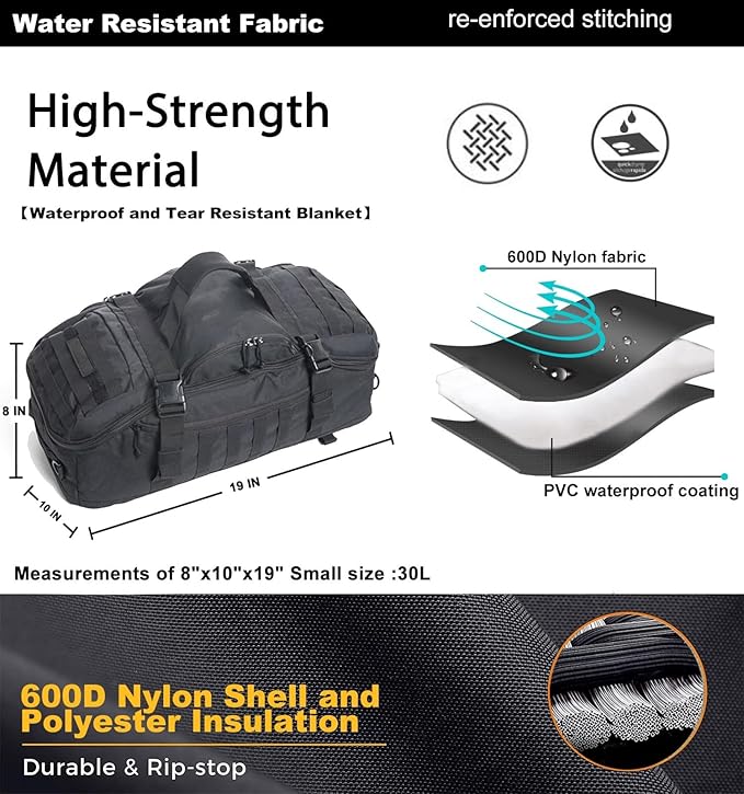 Miramrax Travel Duffle Bag Backpack for Men - Large Tactical Bags Weekender Gym Bag for Overnight Traveling Military Workout Deployment Sports (Black, 25L)
