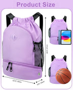 RHDZO Drawstring Backpack Gym Backpack with Shoe Compartment for Men Women String Sports Bag with Wet Pocket Cinch Swim Beach Bag, Large Purple