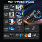 65W 4 Port Super Fast Type C Car Charger USB C for Samsung S25 S24 S23 Ultra A53 A16, iPhone 17 16 15 PD/QC 3.0 Fast Charging 12V Car Cigarette Lighter Adapter with Voltage Meter+4 Pack USB-C Cables