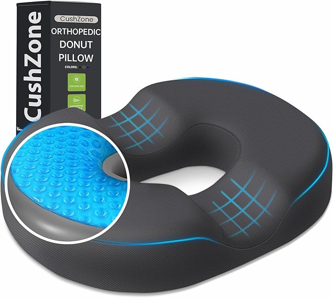 Donut Pillow Seat Cushion - Cooling Gel Donut Chair Cushions, Memory Foam Seat Cushion for Office & Home, Car Seat Cushion and Butt Pillow, Hemorrhoids Pillow and Tailbone Pain Relief, Grey