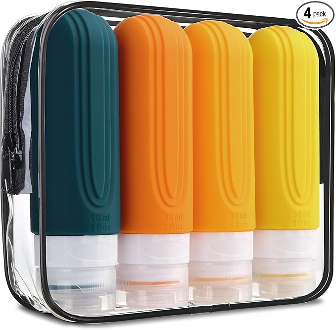 Mrsdry Travel Bottles for Toiletries, Tsa Approved 3oz Travel Size Containers BPA Free Leak Proof Refillable Liquid Silicone Squeezable Travel Accessories for Shampoo Conditioner Lotion (4 Pack)