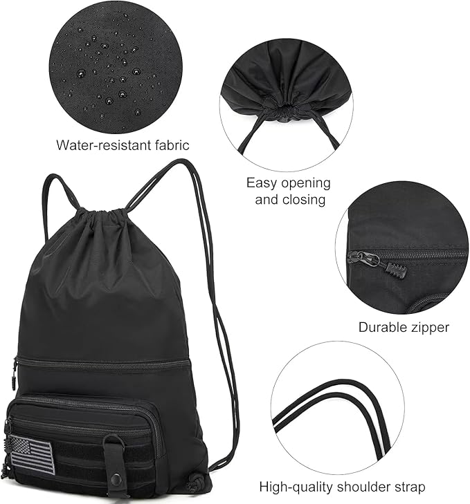 seyfocnia Drawstring Backpack Tactical String Bag with Zipper Pockets Waterproof Cinch Bag Sport Gym Sackpack - Black