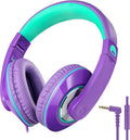 rockpapa Comfort+ Kids Headphones with Microphone, Boys Girls Student Over-Ear Headphones Wired Foldable for School Classroom Laptop PC Computer Tablet Purple Green